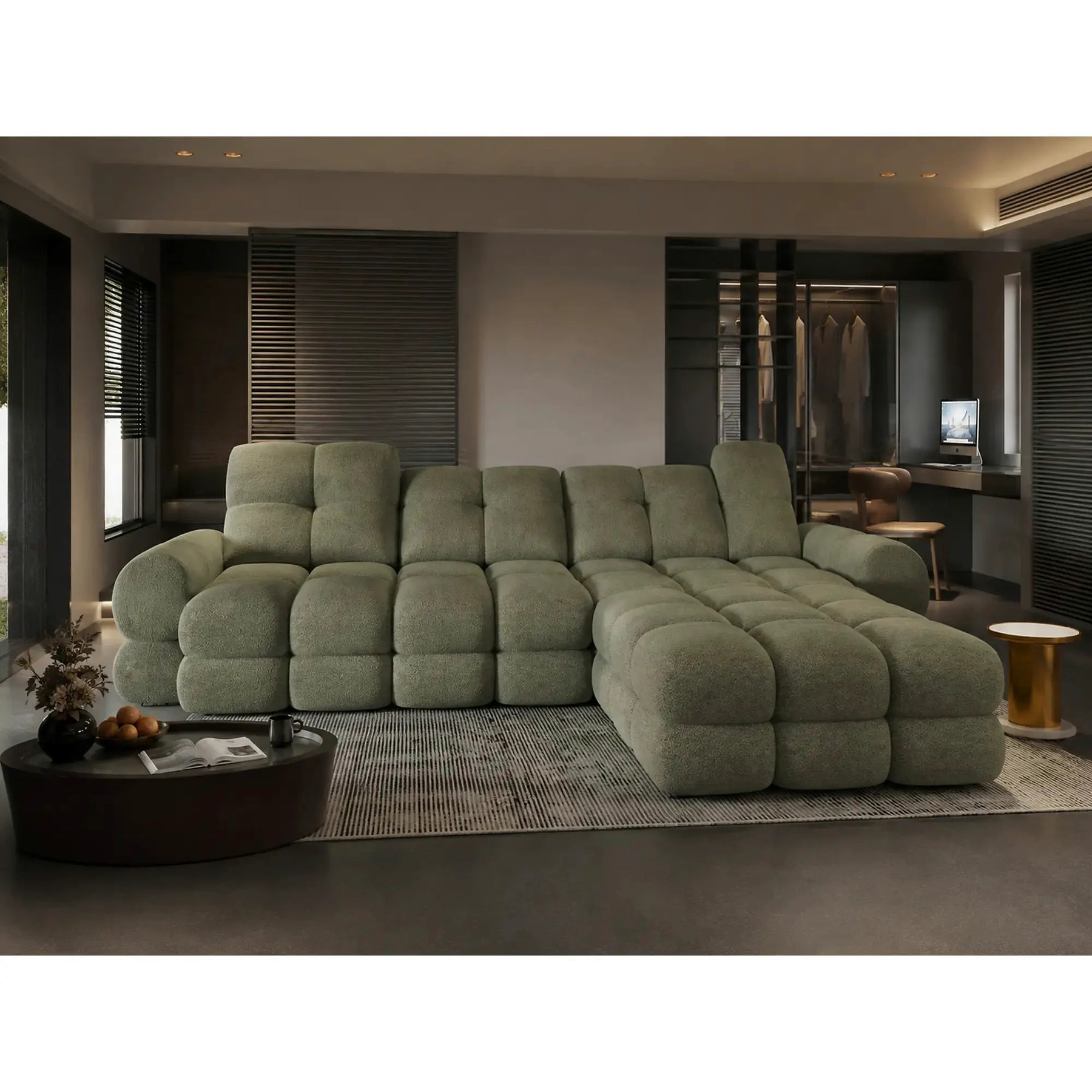 Coltar extensibil confortabil TOLLO MINI, stofă catifelata/lemn/PAL, verde - Shanghai 07, 283×171×105 cm
