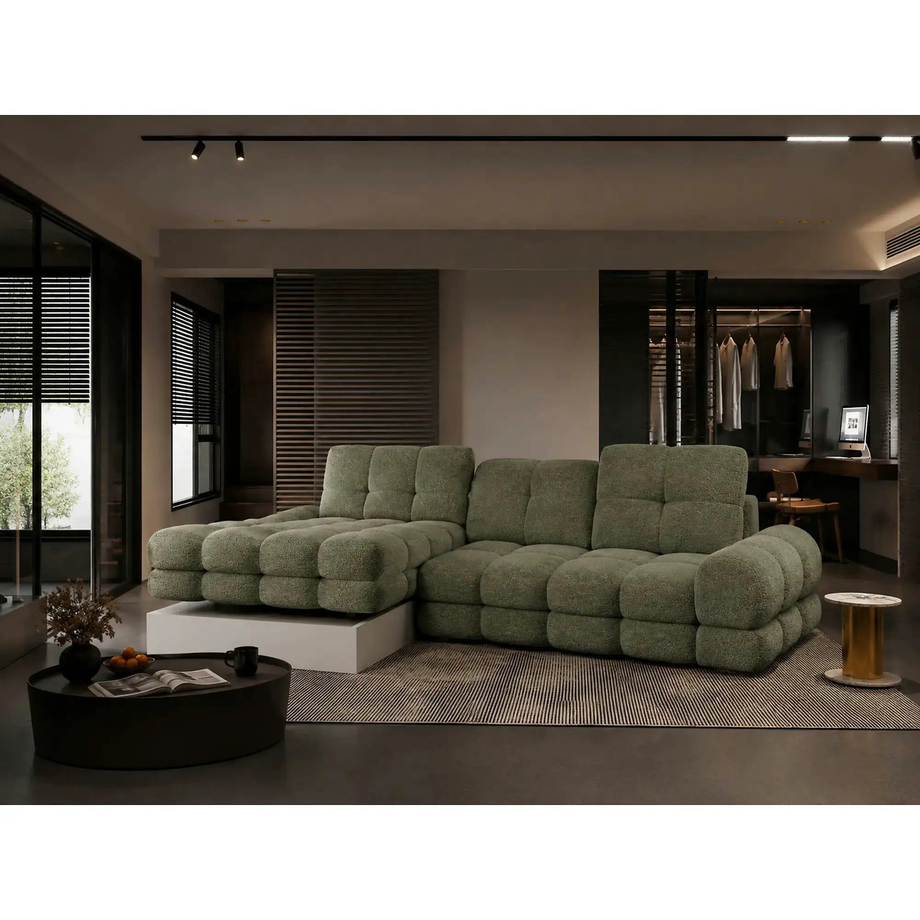 Coltar extensibil confortabil TOLLO MINI, stofă catifelata/lemn/PAL, verde - Shanghai 07, 283×171×105 cm