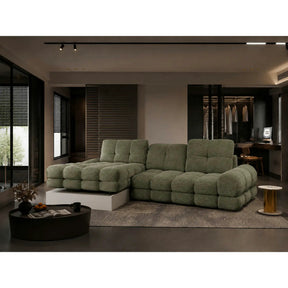 Coltar extensibil confortabil TOLLO MINI, stofă catifelata/lemn/PAL, verde - Shanghai 07, 283×171×105 cm