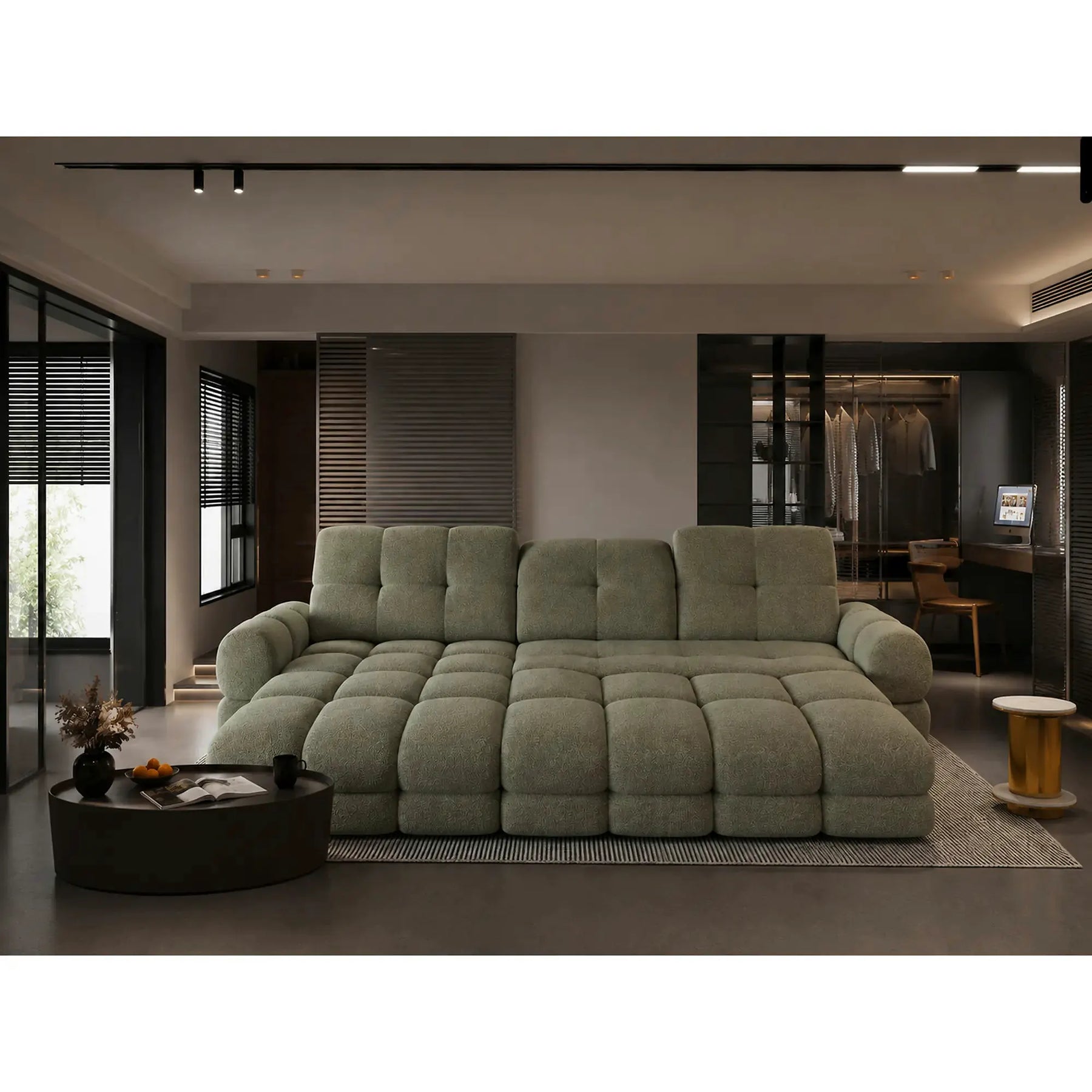 Coltar extensibil confortabil TOLLO MINI, stofă catifelata/lemn/PAL, verde - Shanghai 07, 283×171×105 cm