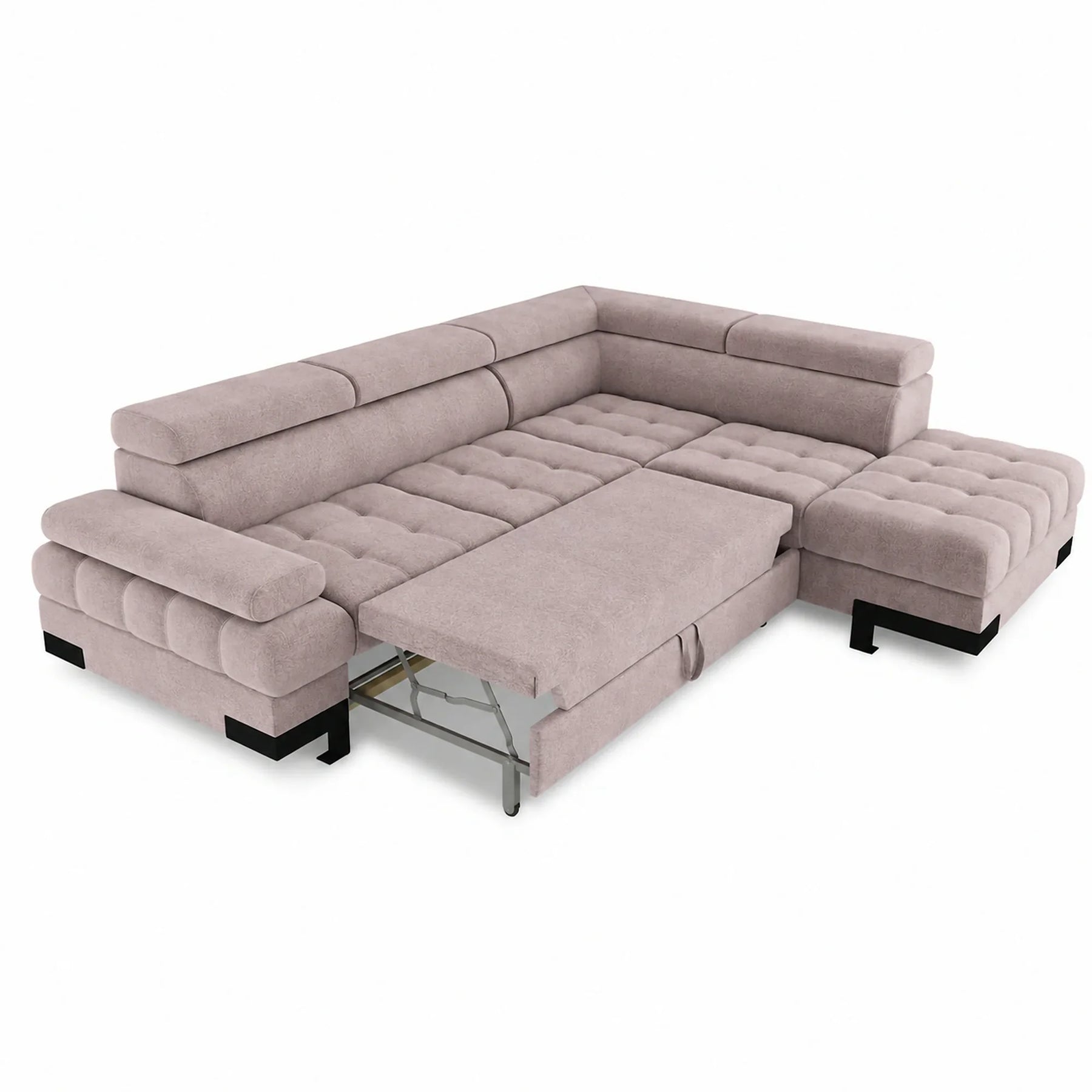 Coltar extensibil cu lada SELVA L, stofă catifelata/lemn, bej - Whisper 03, 263×223×95 cm
