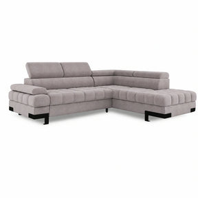 Coltar extensibil cu lada SELVA L, stofă catifelata/lemn, bej - Whisper 03, 263×223×95 cm