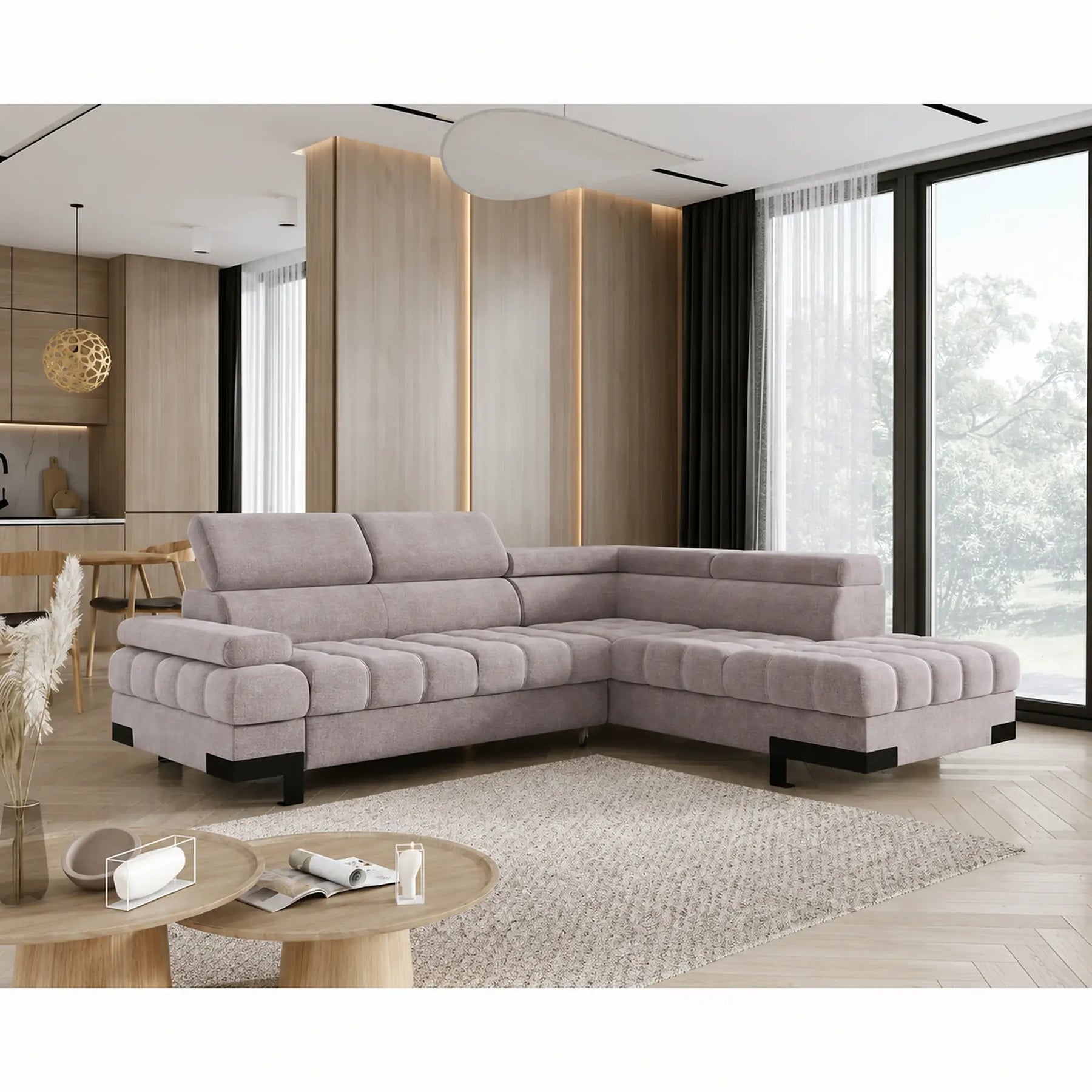 Coltar extensibil cu lada SELVA L, stofă catifelata/lemn, bej - Whisper 03, 263×223×95 cm