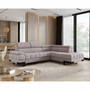 Coltar extensibil cu lada SELVA L, stofă catifelata/lemn, bej - Whisper 03, 263×223×95 cm