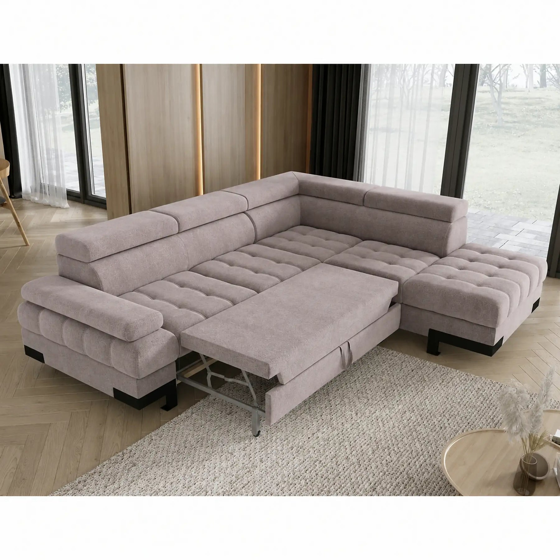 Coltar extensibil cu lada SELVA L, stofă catifelata/lemn, bej - Whisper 03, 263×223×95 cm