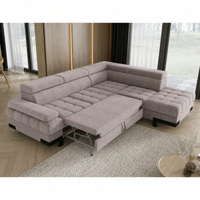Coltar extensibil cu lada SELVA L, stofă catifelata/lemn, bej - Whisper 03, 263×223×95 cm