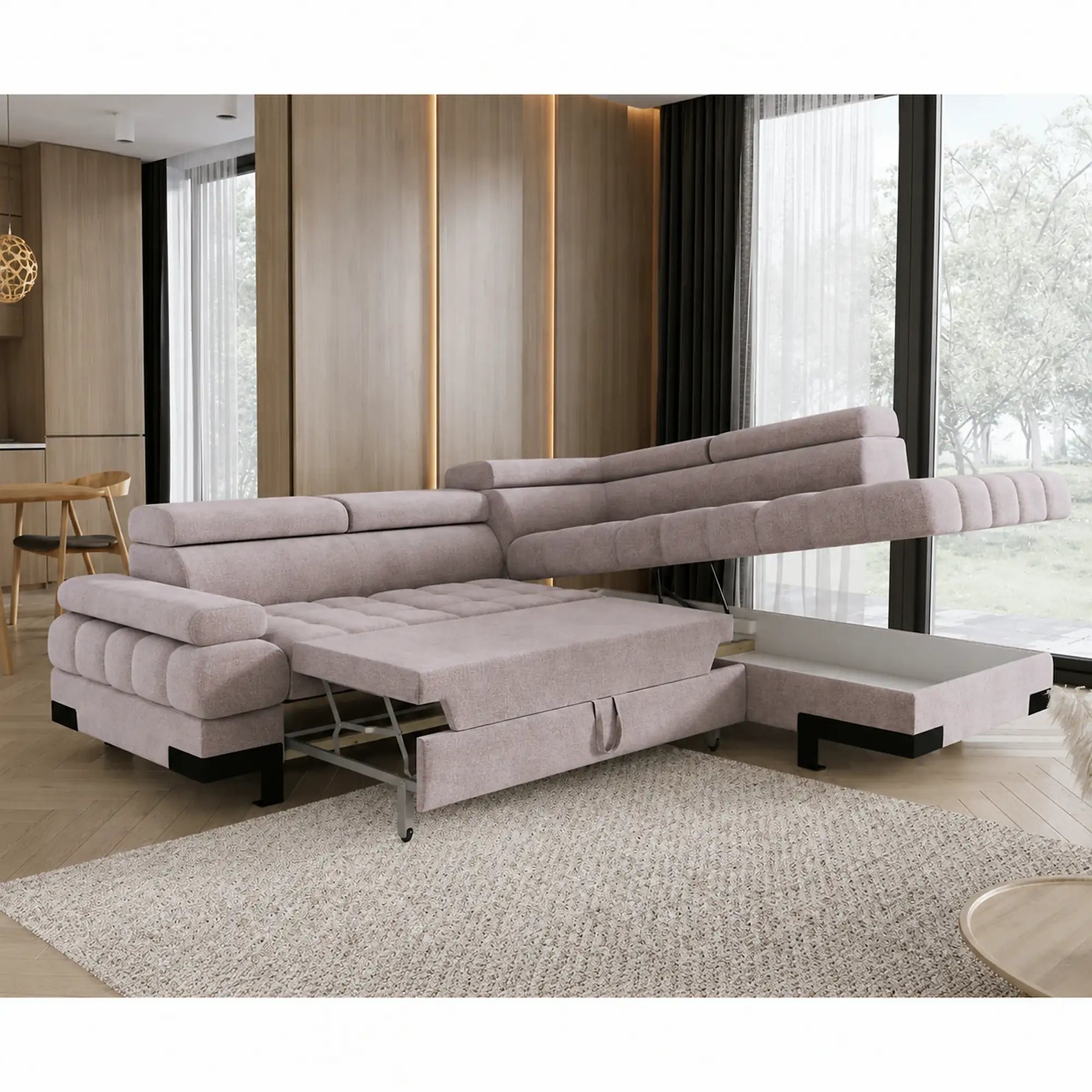 Coltar extensibil cu lada SELVA L, stofă catifelata/lemn, bej - Whisper 03, 263×223×95 cm