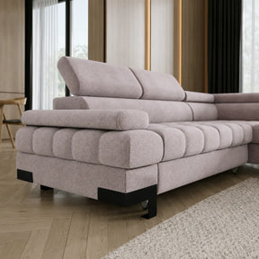 Coltar extensibil cu lada SELVA L, stofă catifelata/lemn, bej - Whisper 03, 263×223×95 cm