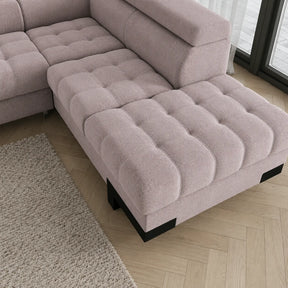 Coltar extensibil cu lada SELVA L, stofă catifelata/lemn, bej - Whisper 03, 263×223×95 cm
