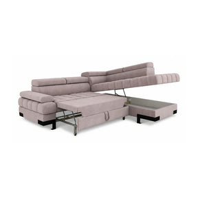 Coltar extensibil cu lada SELVA L, stofă catifelata/lemn, bej - Whisper 03, 263×223×95 cm