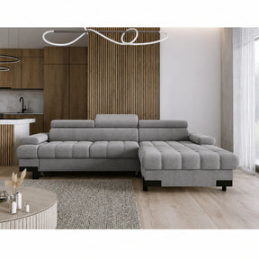 Coltar extensibil cu lada SELVA MINI, stofă catifelata/lemn masiv, gri - Palladium 15, 270×173×95 cm