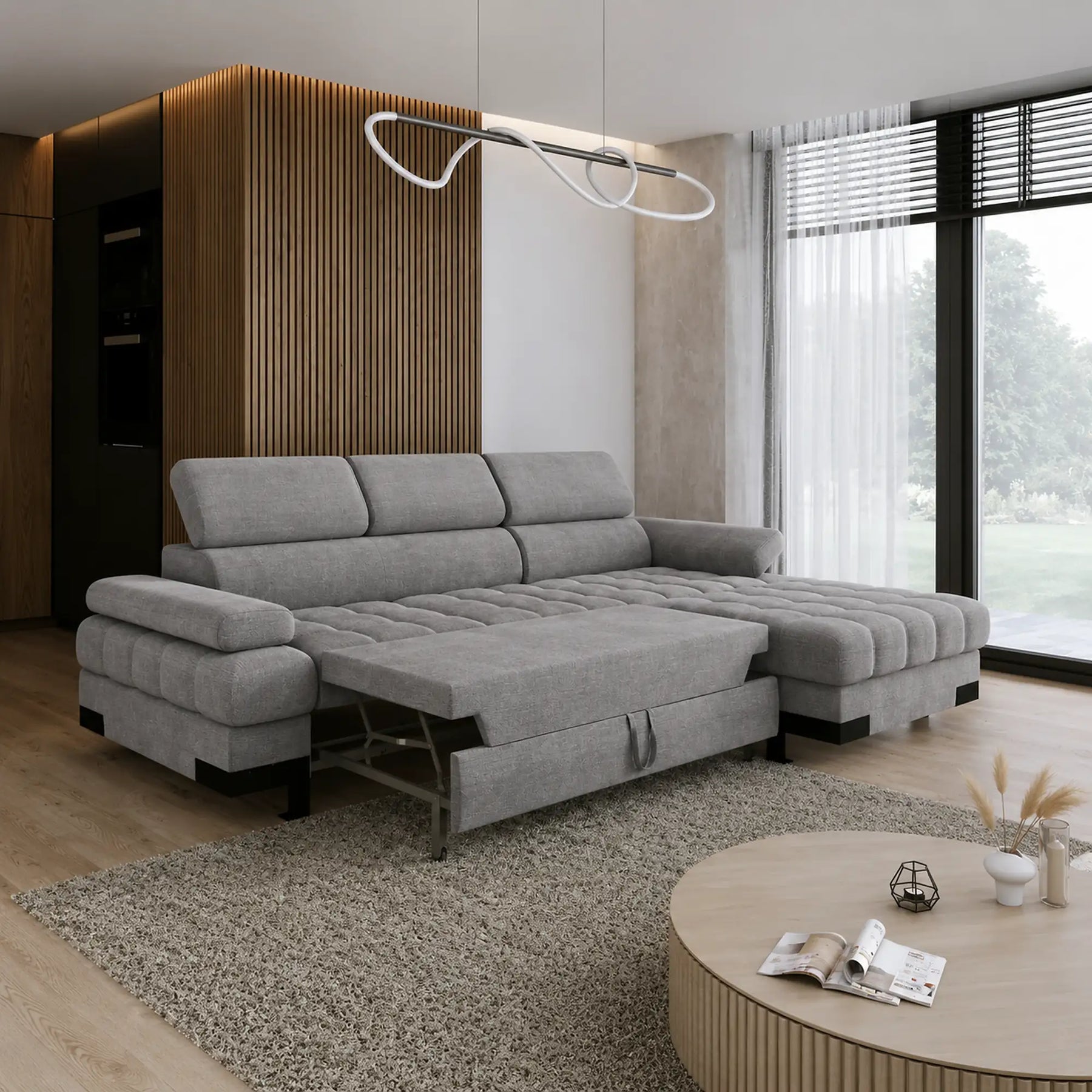 Coltar extensibil cu lada SELVA MINI, stofă catifelata/lemn masiv, gri - Palladium 15, 270×173×95 cm