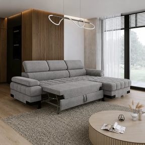 Coltar extensibil cu lada SELVA MINI, stofă catifelata/lemn masiv, gri - Palladium 15, 270×173×95 cm