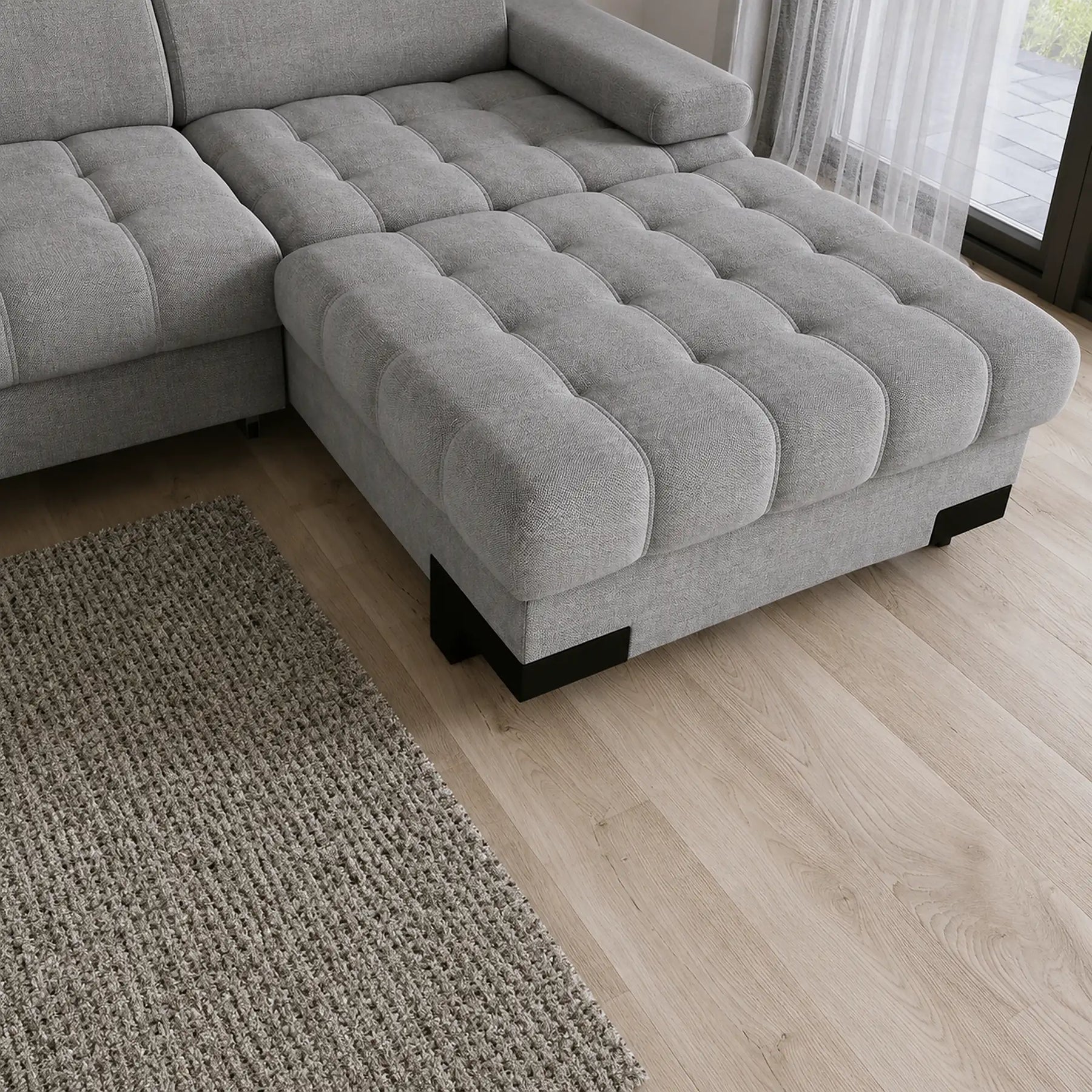 Coltar extensibil cu lada SELVA MINI, stofă catifelata/lemn masiv, gri - Palladium 15, 270×173×95 cm