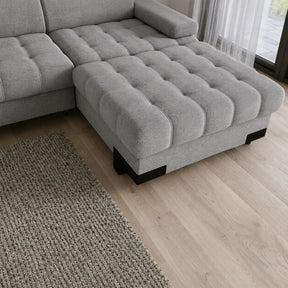 Coltar extensibil cu lada SELVA MINI, stofă catifelata/lemn masiv, gri - Palladium 15, 270×173×95 cm