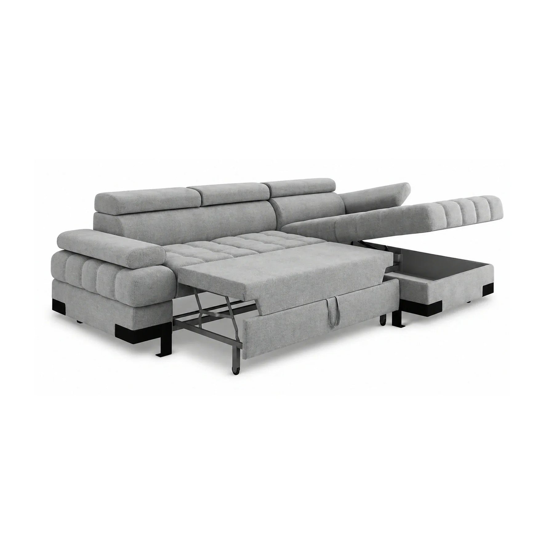Coltar extensibil cu lada SELVA MINI, stofă catifelata/lemn masiv, gri - Palladium 15, 270×173×95 cm