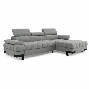 Coltar extensibil cu lada SELVA MINI, stofă catifelata/lemn masiv, gri - Palladium 15, 270×173×95 cm