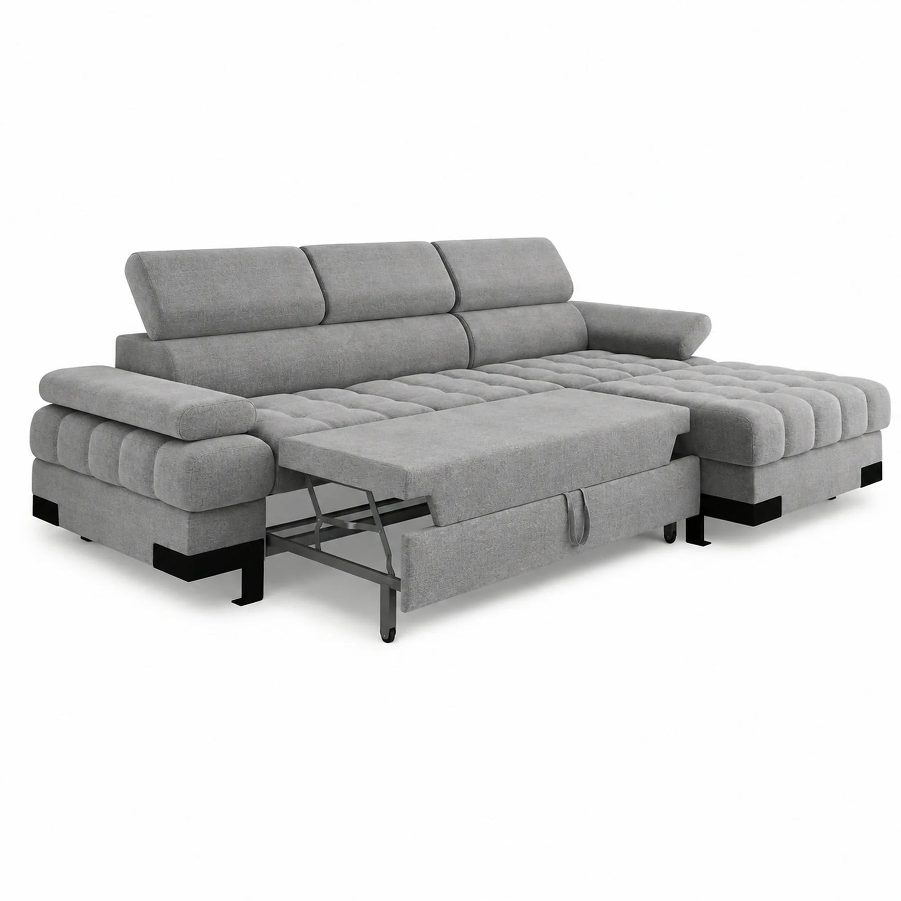 Coltar extensibil cu lada SELVA MINI, stofă catifelata/lemn masiv, gri - Palladium 15, 270×173×95 cm