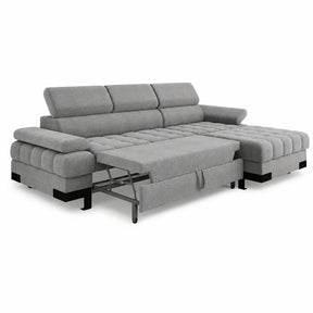 Coltar extensibil cu lada SELVA MINI, stofă catifelata/lemn masiv, gri - Palladium 15, 270×173×95 cm