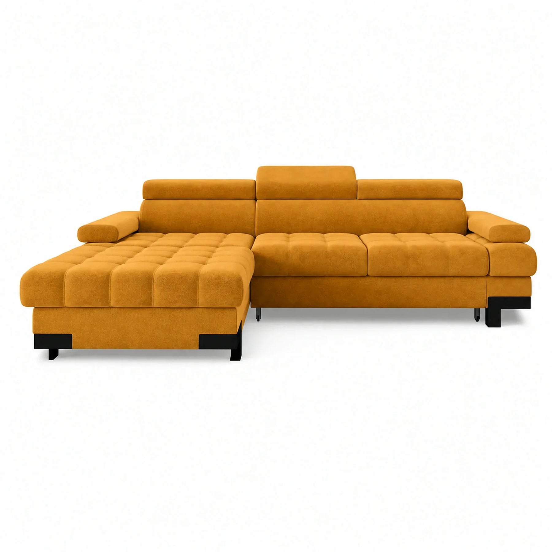 Coltar extensibil cu lada SELVA MINI, stofă catifelata/lemn, galben - Terra 48, 270×173×95 cm
