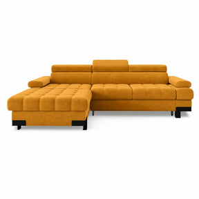 Coltar extensibil cu lada SELVA MINI, stofă catifelata/lemn, galben - Terra 48, 270×173×95 cm