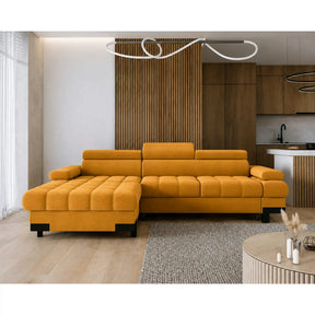 Coltar extensibil cu lada SELVA MINI, stofă catifelata/lemn, galben - Terra 48, 270×173×95 cm