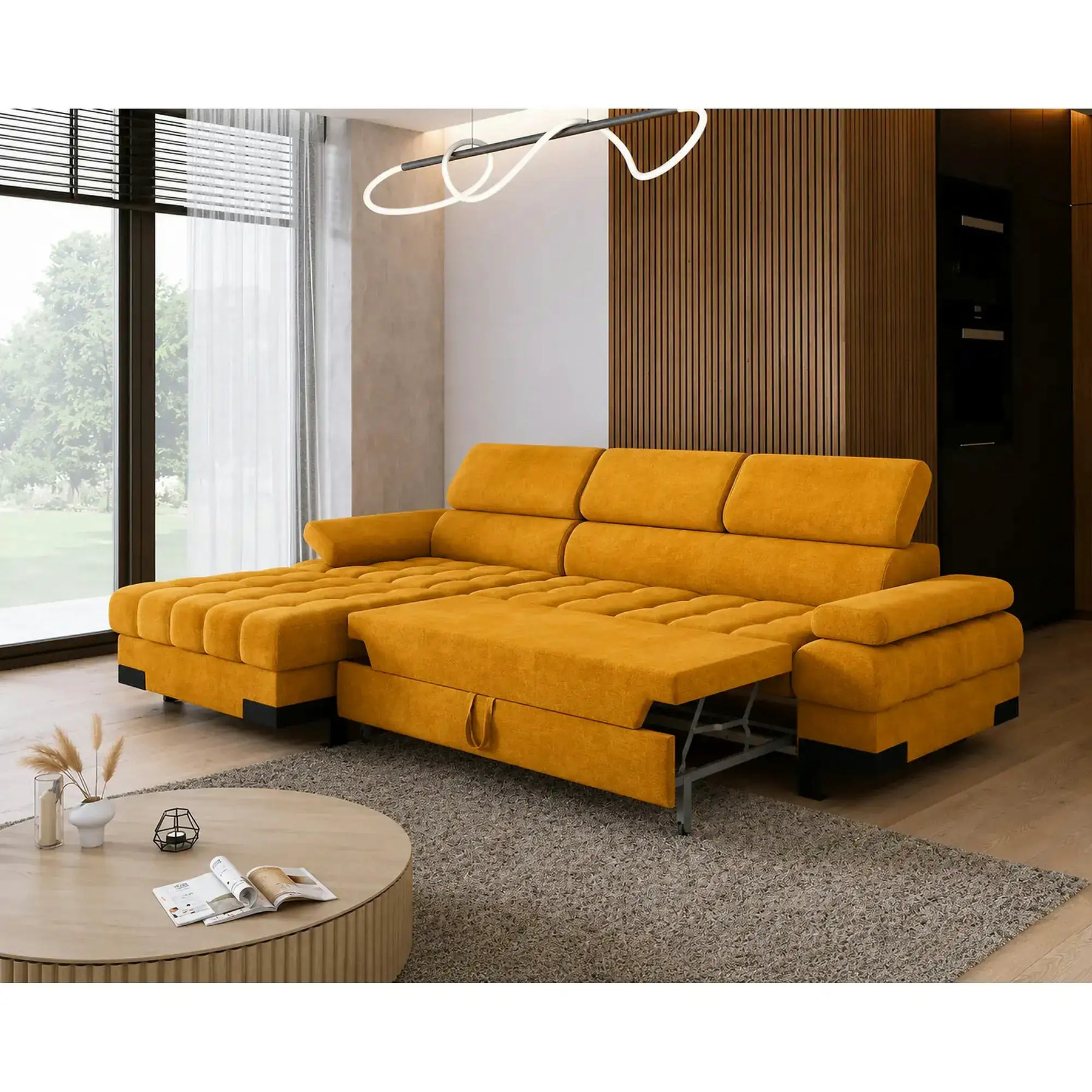 Coltar extensibil cu lada SELVA MINI, stofă catifelata/lemn, galben - Terra 48, 270×173×95 cm