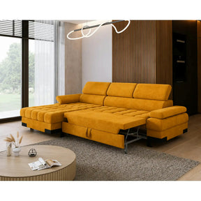 Coltar extensibil cu lada SELVA MINI, stofă catifelata/lemn, galben - Terra 48, 270×173×95 cm