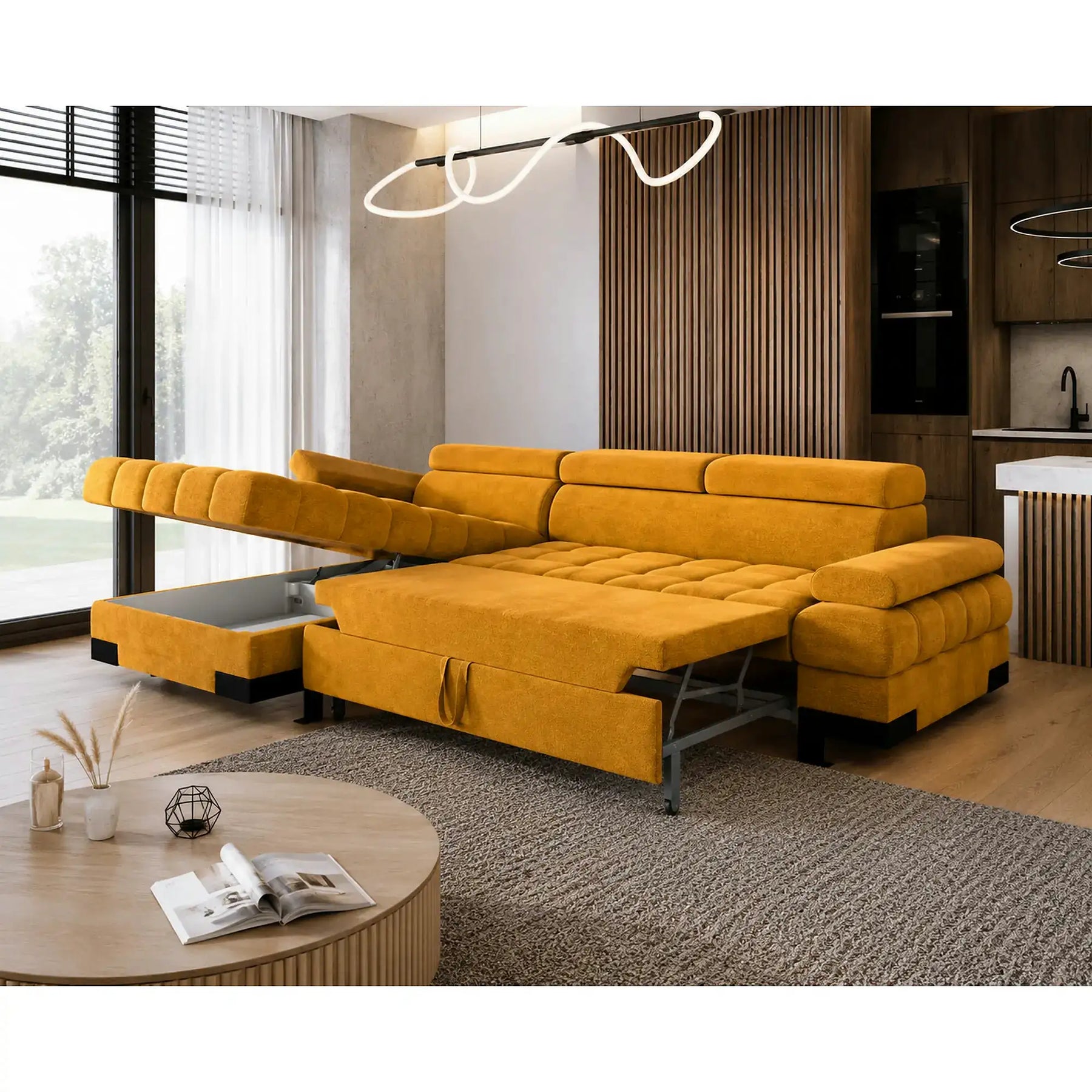 Coltar extensibil cu lada SELVA MINI, stofă catifelata/lemn, galben - Terra 48, 270×173×95 cm