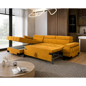 Coltar extensibil cu lada SELVA MINI, stofă catifelata/lemn, galben - Terra 48, 270×173×95 cm