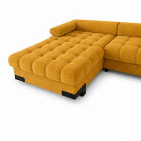 Coltar extensibil cu lada SELVA MINI, stofă catifelata/lemn, galben - Terra 48, 270×173×95 cm