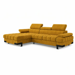 Coltar extensibil cu lada SELVA MINI, stofă catifelata/lemn, galben - Terra 48, 270×173×95 cm