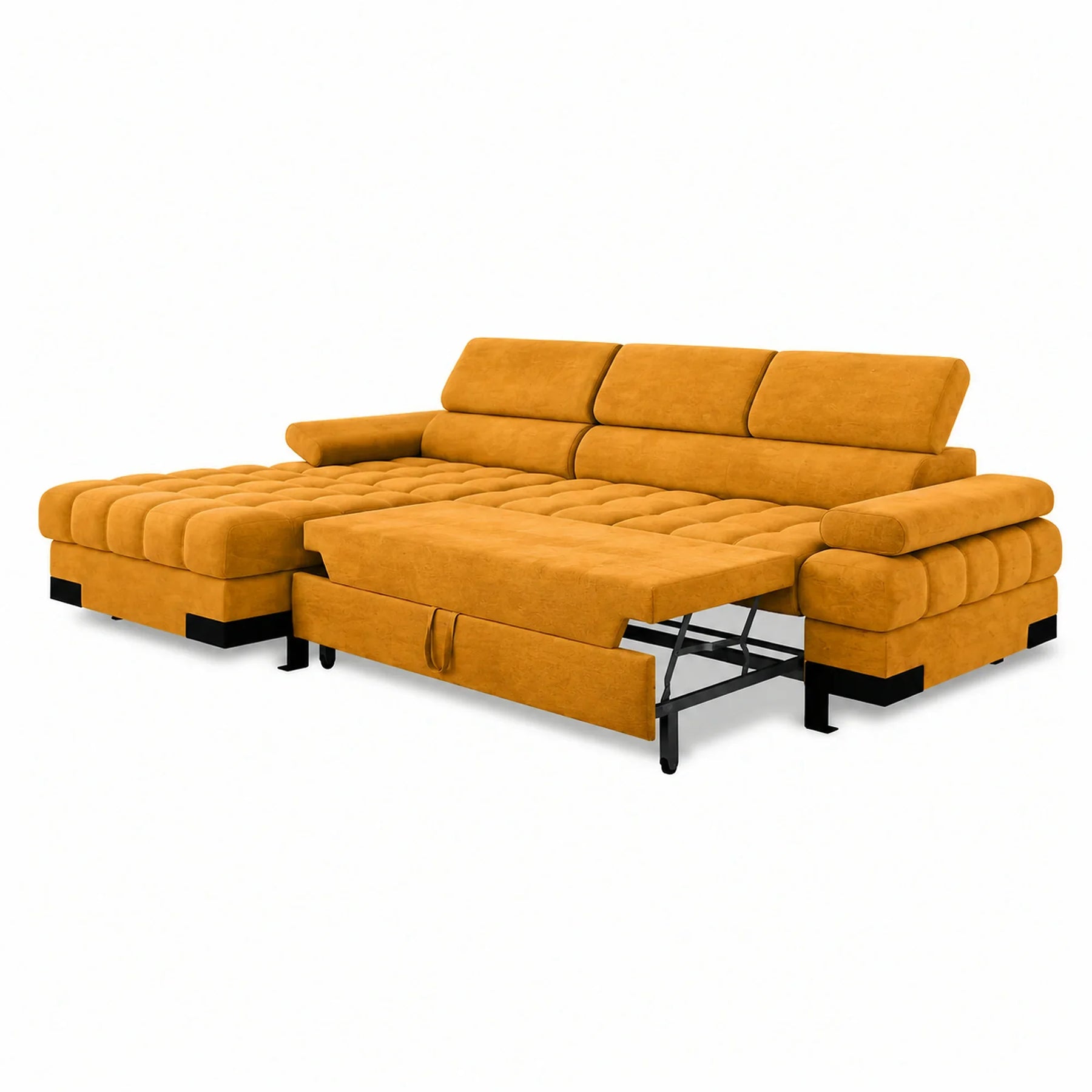 Coltar extensibil cu lada SELVA MINI, stofă catifelata/lemn, galben - Terra 48, 270×173×95 cm