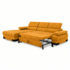 Coltar extensibil cu lada SELVA MINI, stofă catifelata/lemn, galben - Terra 48, 270×173×95 cm