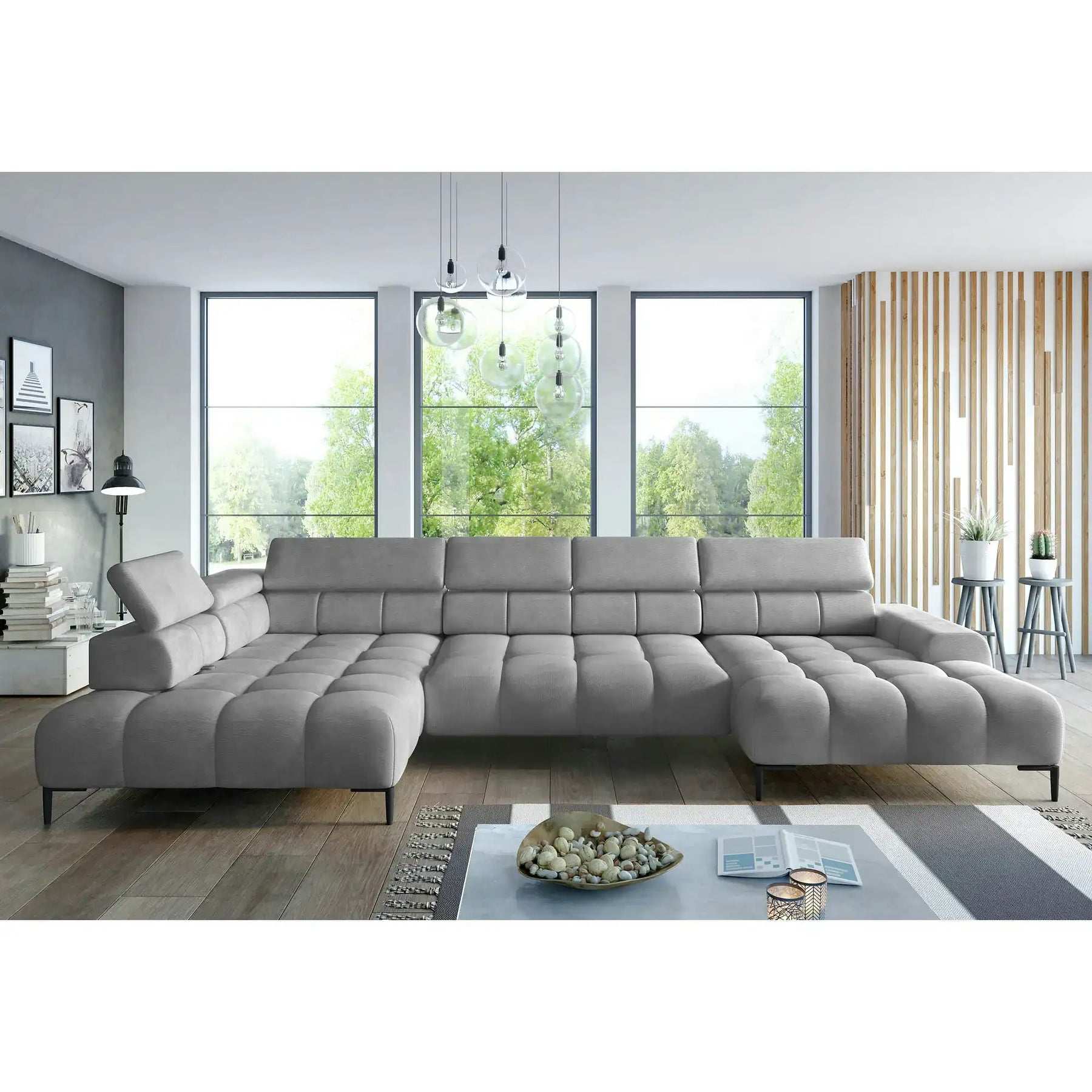 Coltar extensibil modern CALDO XL, stofă catifelata/PAL/lemn, gri - Riviera 91, 342×200×99 cm
