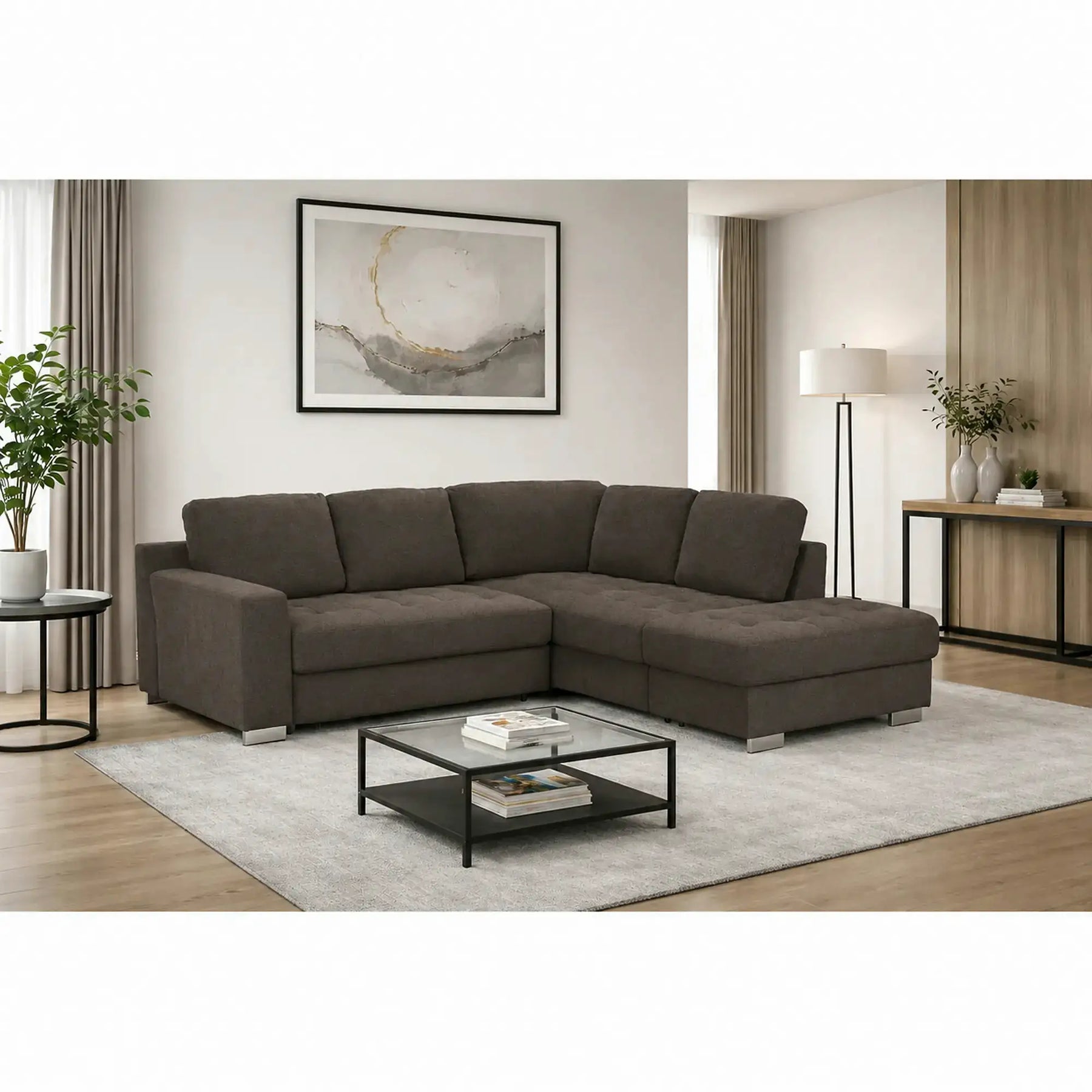 Coltar extensibil modern living ROCA, sezlong dreapta, stofa catifelata maro - Monolith ML20, 262x241x89 cm