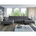 Coltar extensibil modern PLAZA XL, stofă catifelata/lemn masiv/PAL, gri închis - Salvador 15, 385×216×99 cm