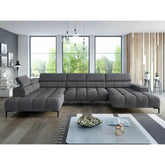 Coltar extensibil modern PLAZA XL, sezlong stanga, stofa catifelata gri inchis - Salvador 15, cu reglaj electric si tetiere reglabile, 385x216x99 cm