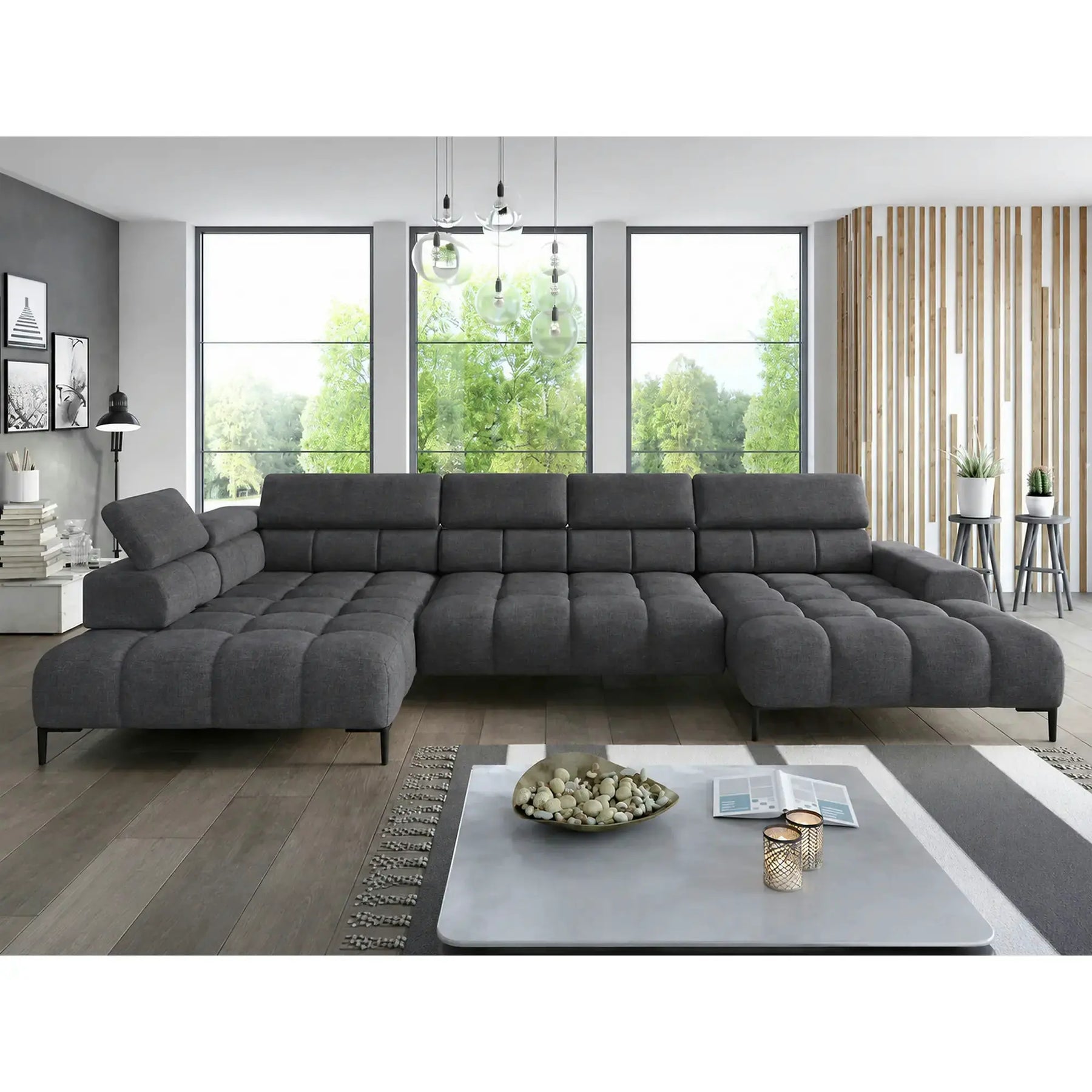 Coltar extensibil modern PLAZA XL, stofă catifelata/lemn masiv/PAL, gri închis - Salvador 15, 385×216×99 cm