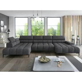 Coltar extensibil modern PLAZA XL, stofă catifelata/lemn masiv/PAL, gri închis - Salvador 15, 385×216×99 cm