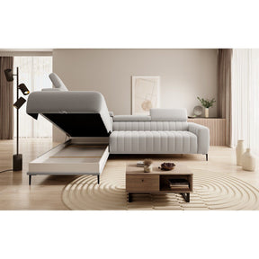 Coltar extensibil GANDI 140, personalizabil material gama Premium, cu lada depozitare si tetiere reglabile, 281x204x99 cm