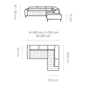 Coltar extensibil GANDI 140, personalizabil material gama Premium, cu lada depozitare si tetiere reglabile, 281x204x99 cm