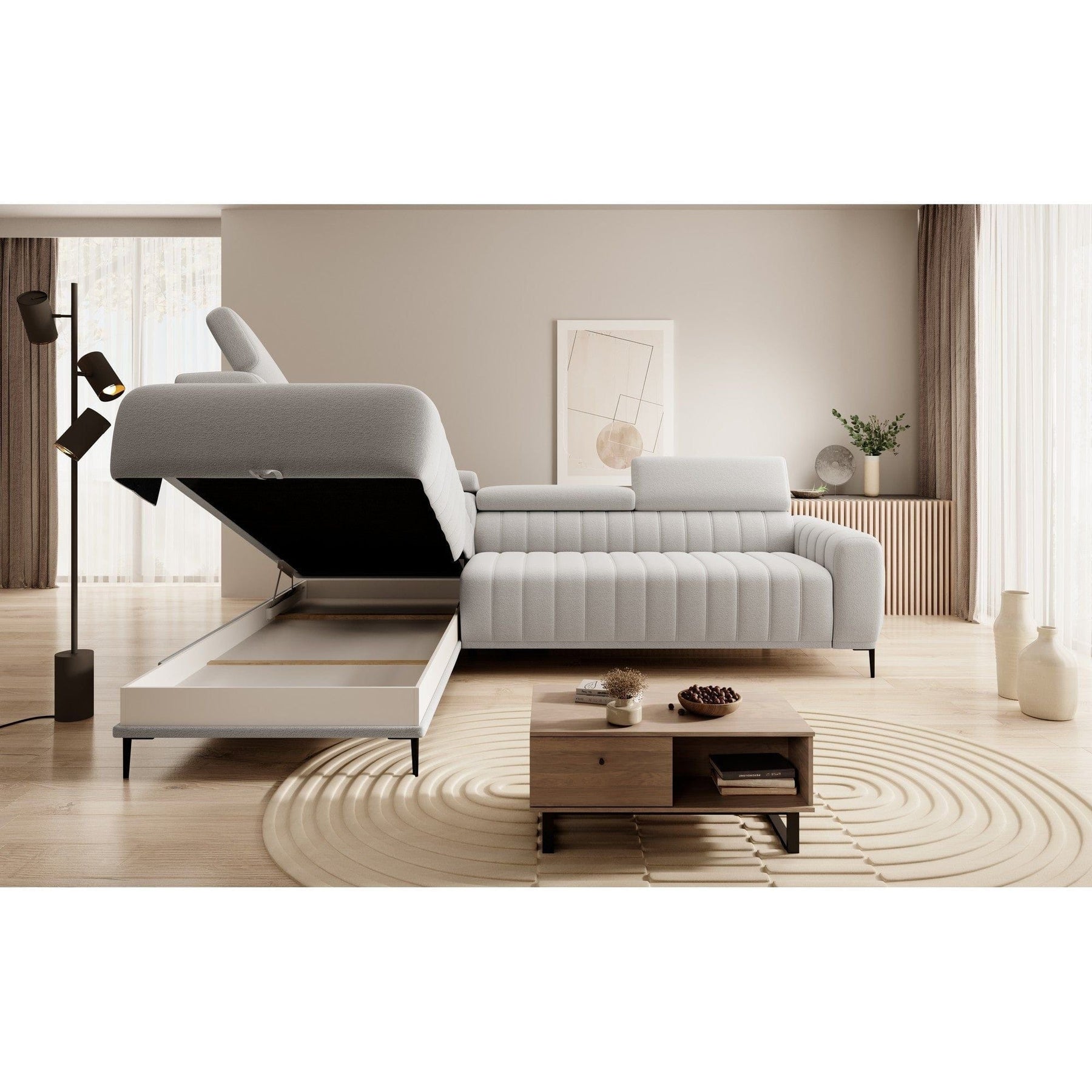Coltar extensibil GANDI 160, sezlong stanga, stofa catifelata gri antracit - Salvador 15, Gama Premium, cu lada depozitare si tetiere reglabile, 301x204x99 cm