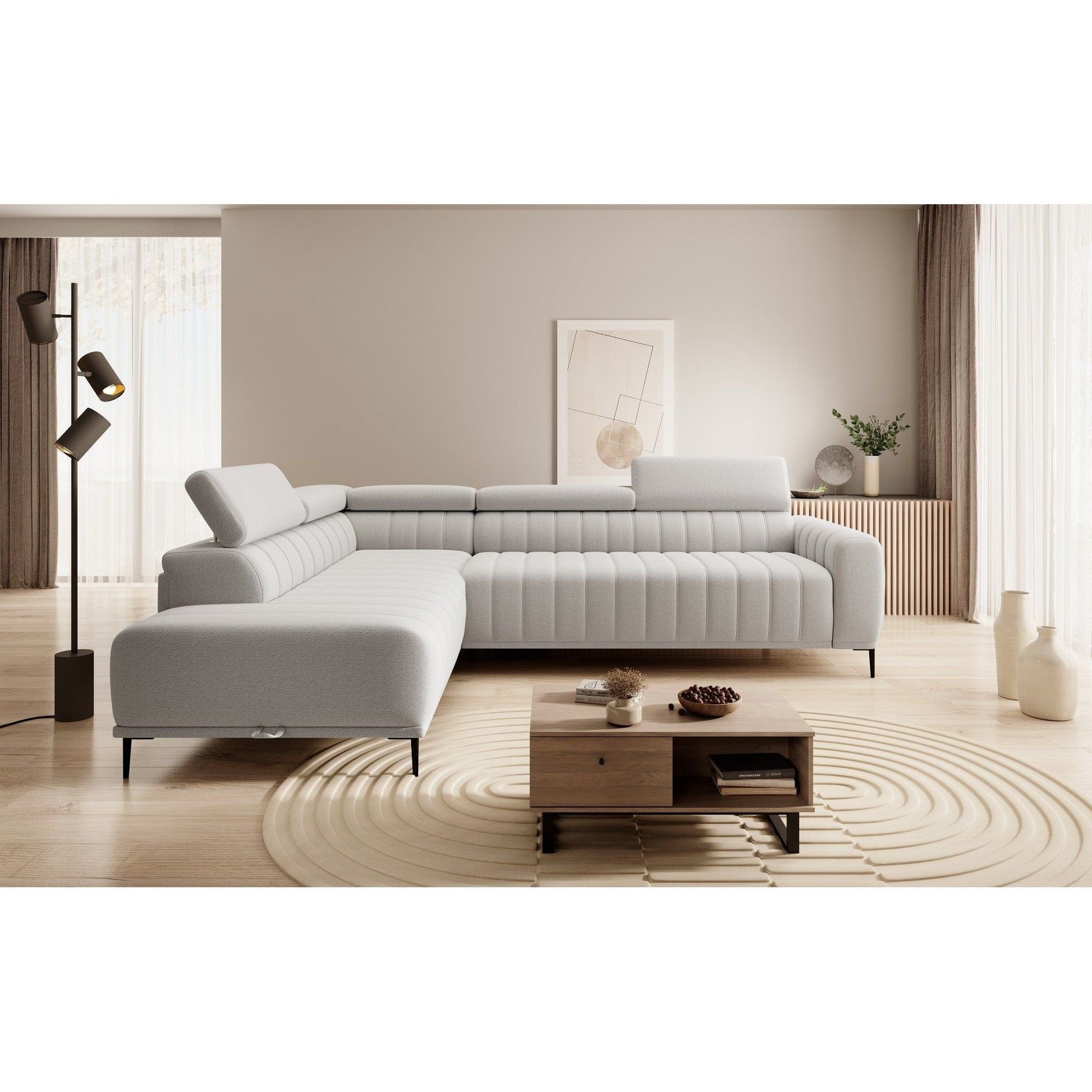 Coltar extensibil GANDI 160, sezlong stanga, stofa catifelata gri antracit - Salvador 15, Gama Premium, cu lada depozitare si tetiere reglabile, 301x204x99 cm