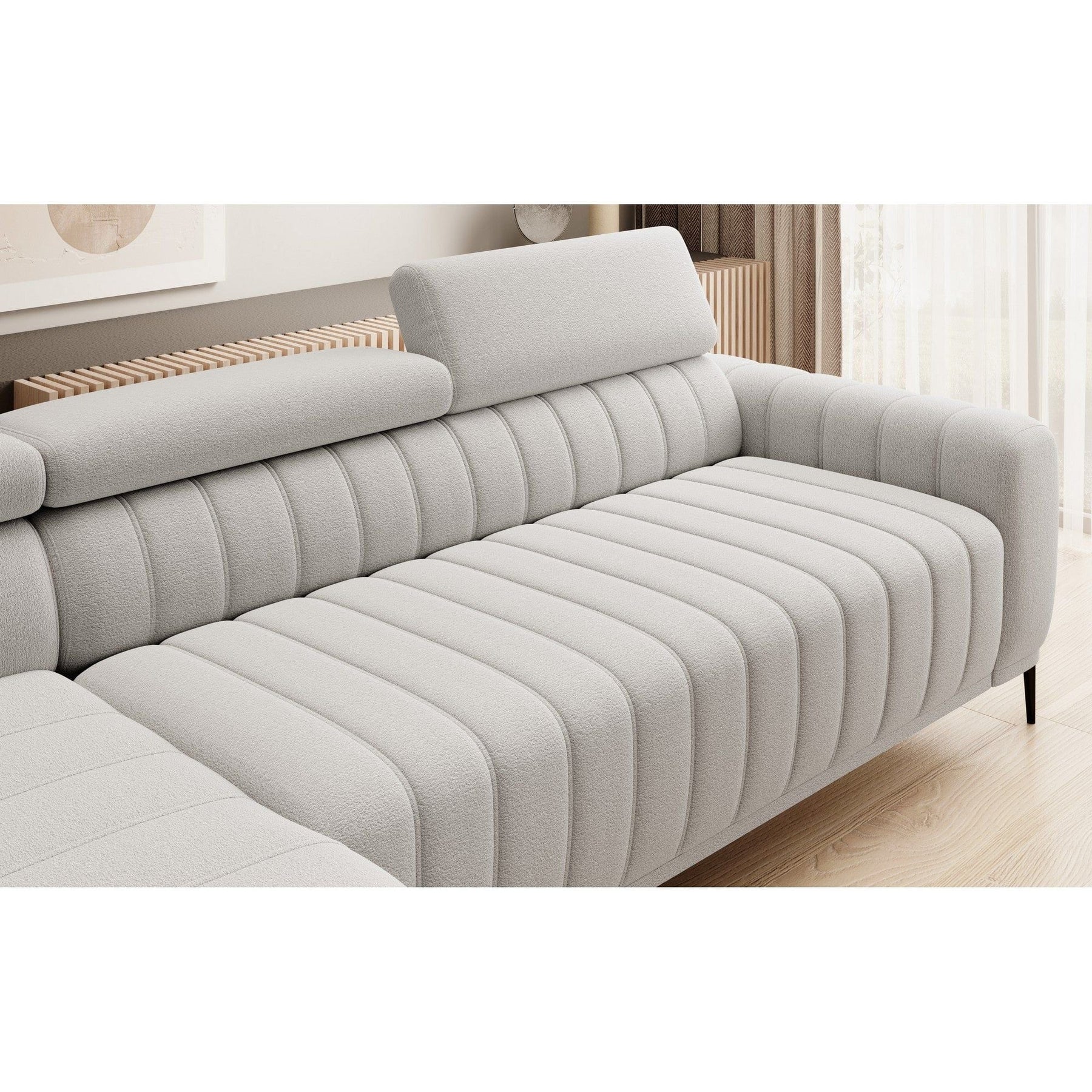 Coltar extensibil GANDI 160, sezlong stanga, stofa catifelata gri antracit - Salvador 15, Gama Premium, cu lada depozitare si tetiere reglabile, 301x204x99 cm