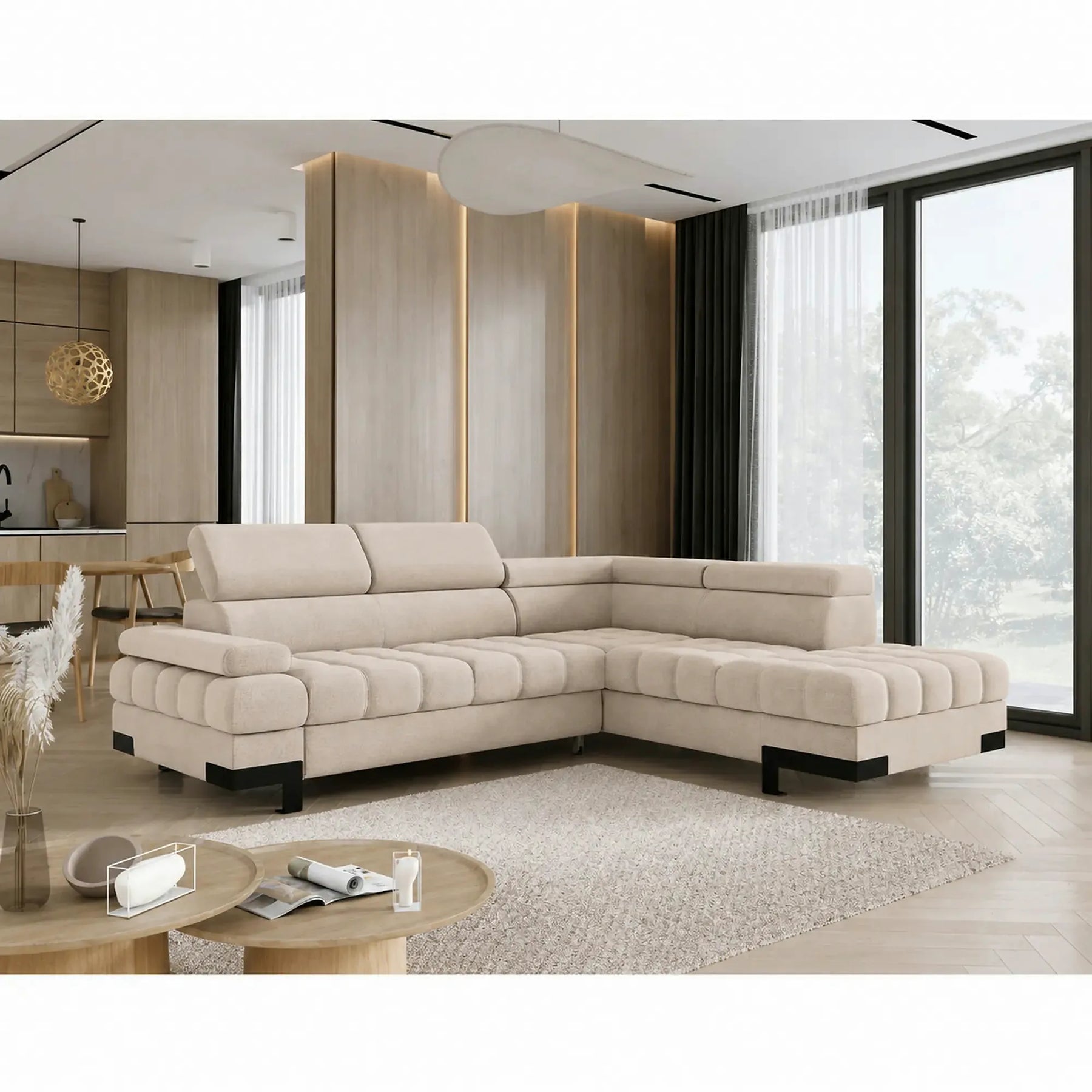 Coltar extensibil SELVA L, stofă catifelata/lemn/PAL, bej - Vogue 1, 263×223×95 cm