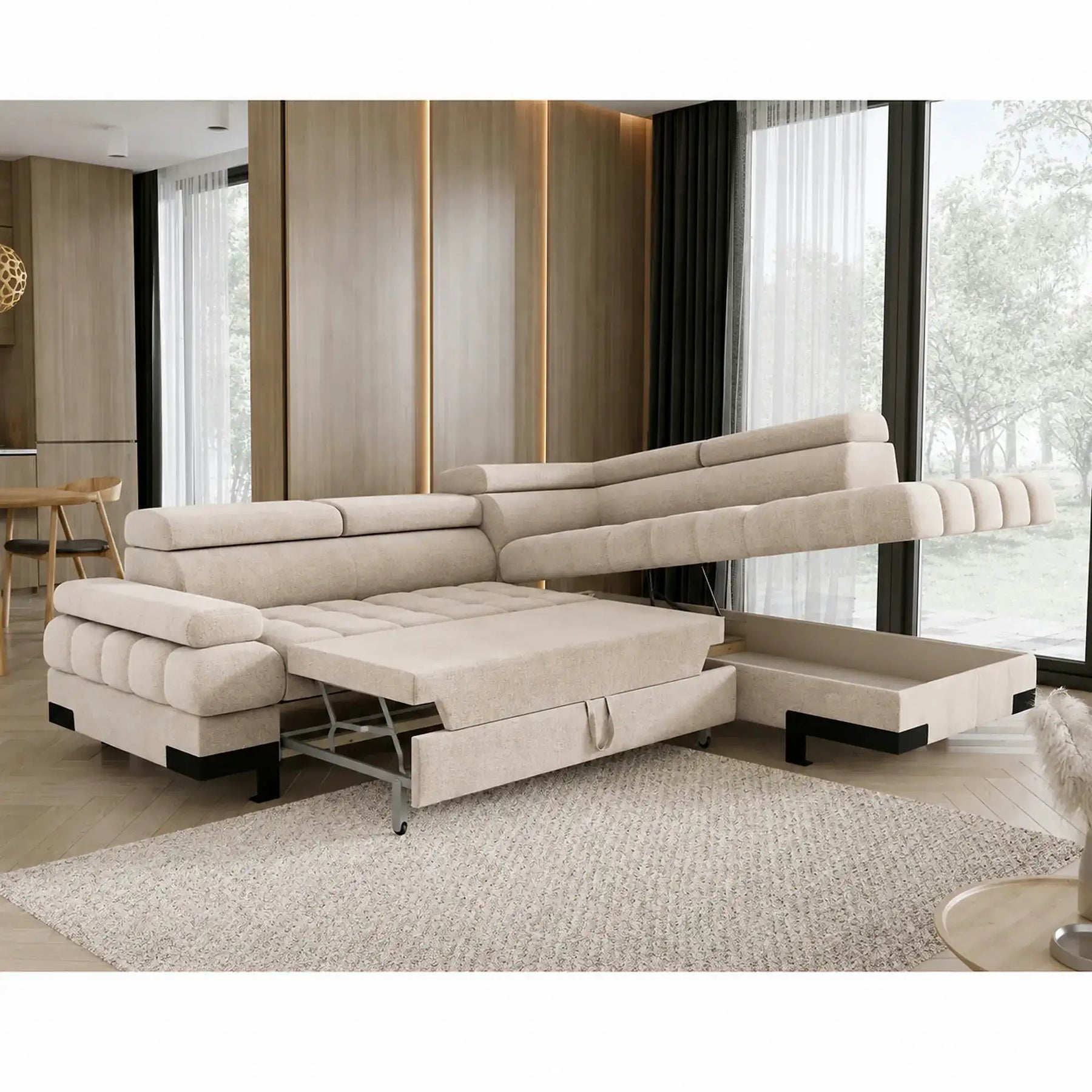 Coltar extensibil SELVA L, stofă catifelata/lemn/PAL, bej - Vogue 1, 263×223×95 cm