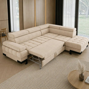 Coltar extensibil SELVA L, stofă catifelata/lemn/PAL, bej - Vogue 1, 263×223×95 cm