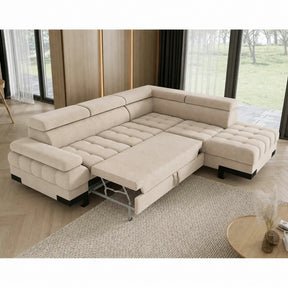 Coltar extensibil SELVA L, stofă catifelata/lemn/PAL, bej - Vogue 1, 263×223×95 cm