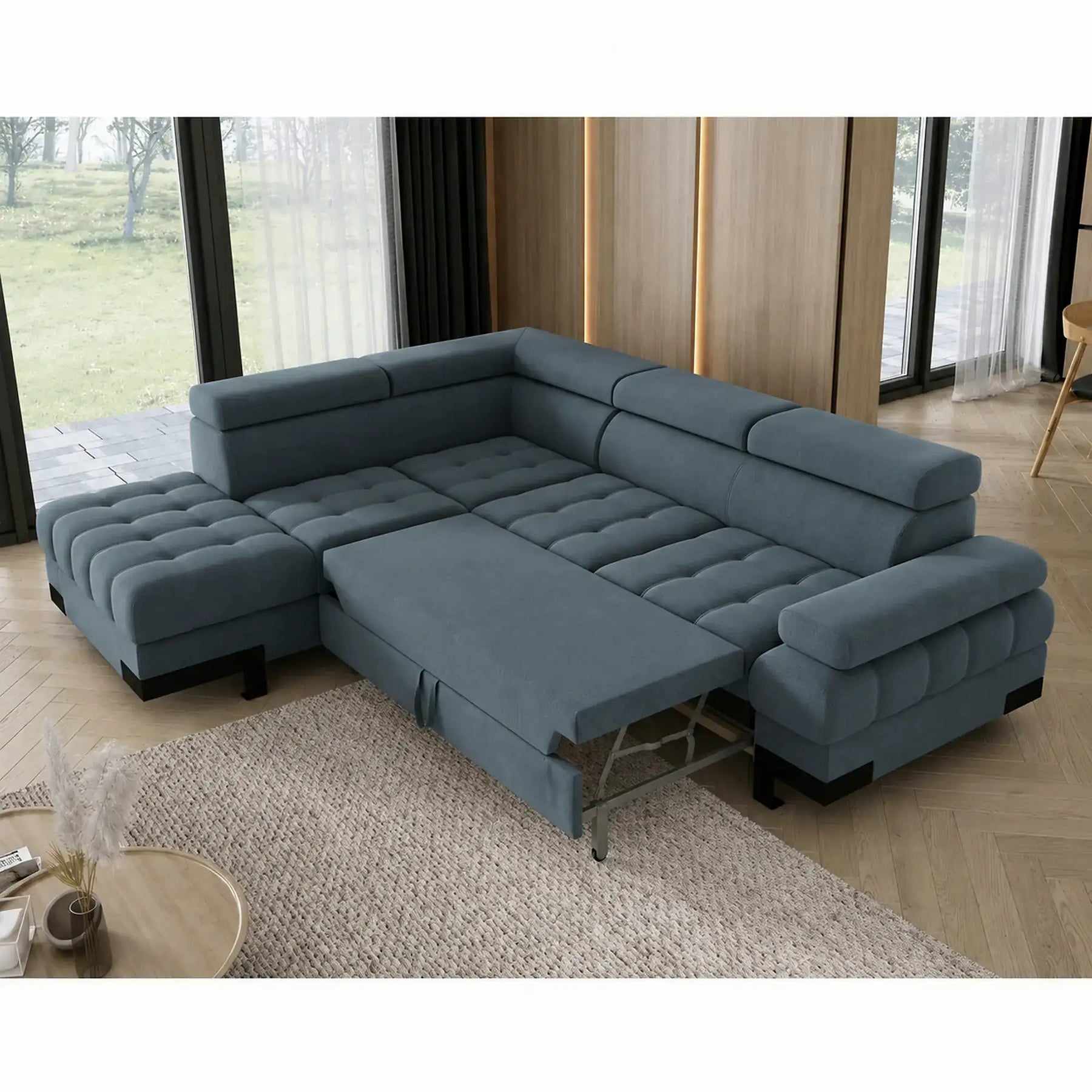 Coltar extensibil SELVA L, stofă clasică/lemn/PAL, turcoaz închis - Riviera 87, 263×223×95 cm